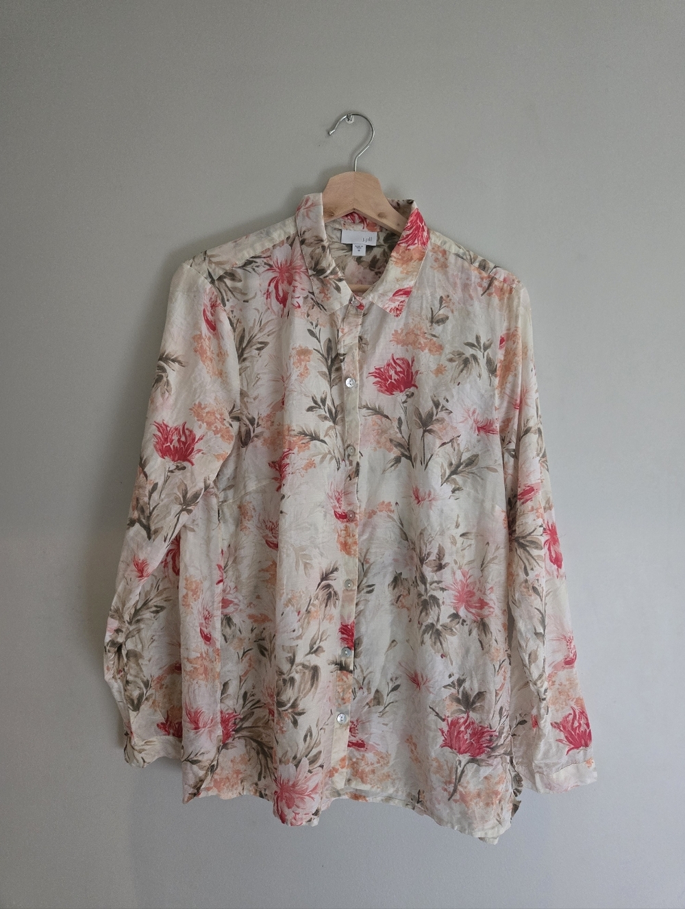 J. Jill Floral Button Down Blouse M Cotton Silk Boho Lightweight Beach Cover Top